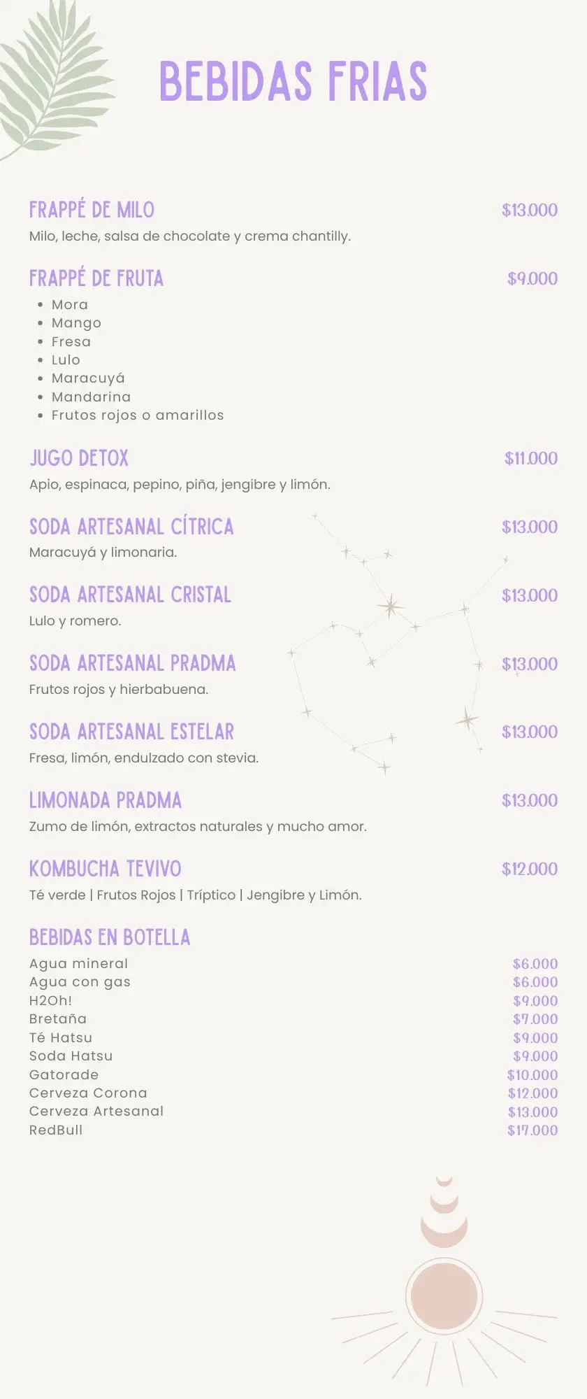 Bebidas Frias Menu PRADMA 2025