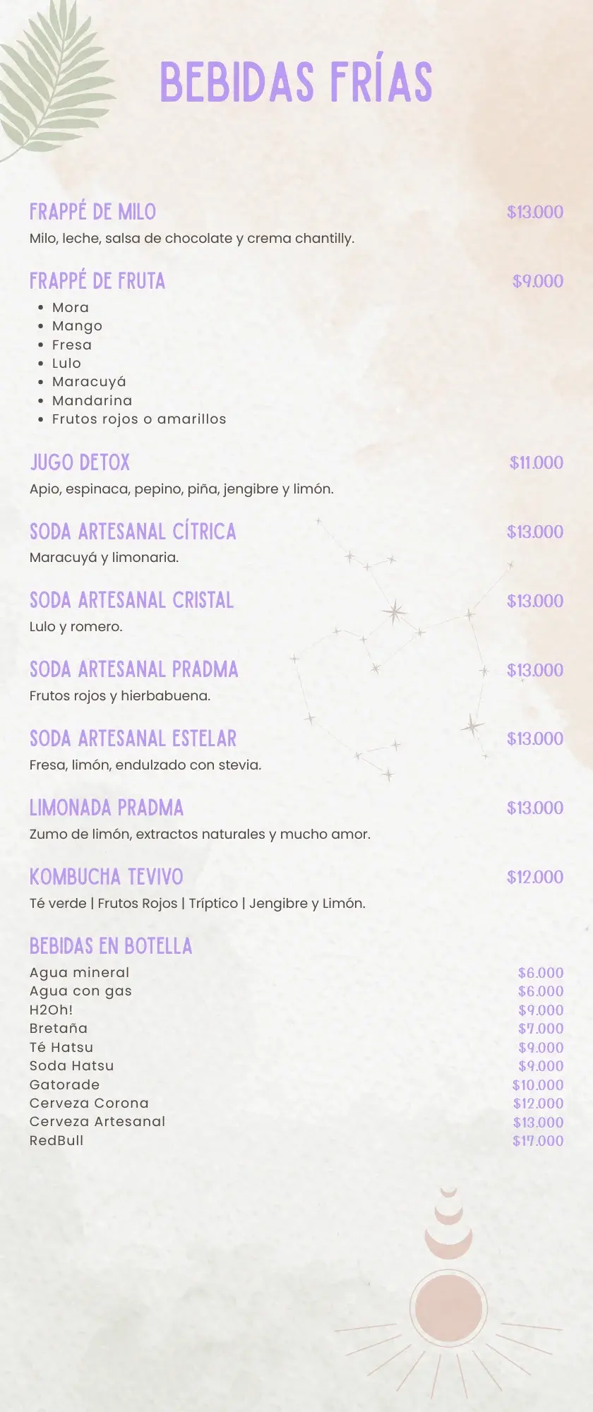 Bebidas Frias Menu PRADMA 2025