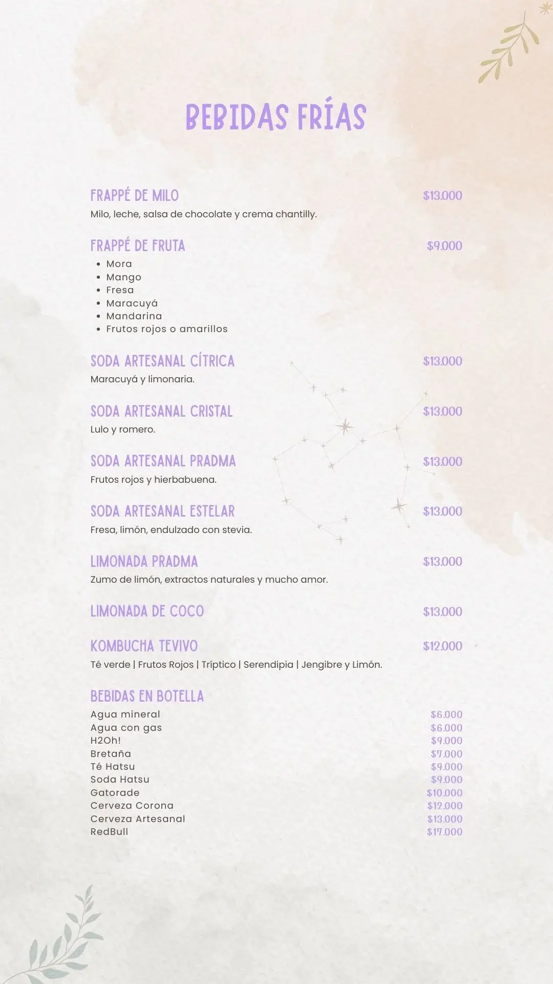 Bebidas Frias Menu PRADMA 2025